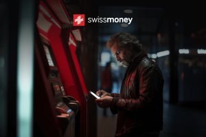 A man is withdrawing money from an ATM