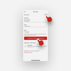 Two-Factor Authentication (2FA) enabling. swissmoney app